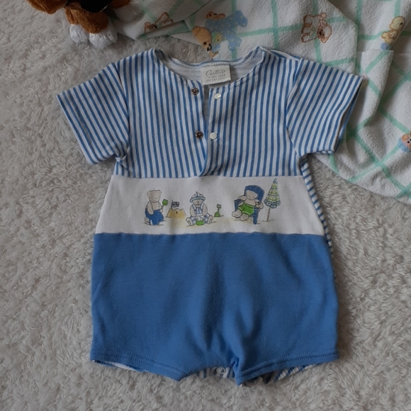 Carter's Vintage Babies Blue and White 100% Cotton Striped Romper Size 6-9 MO - Picture 2 of 8